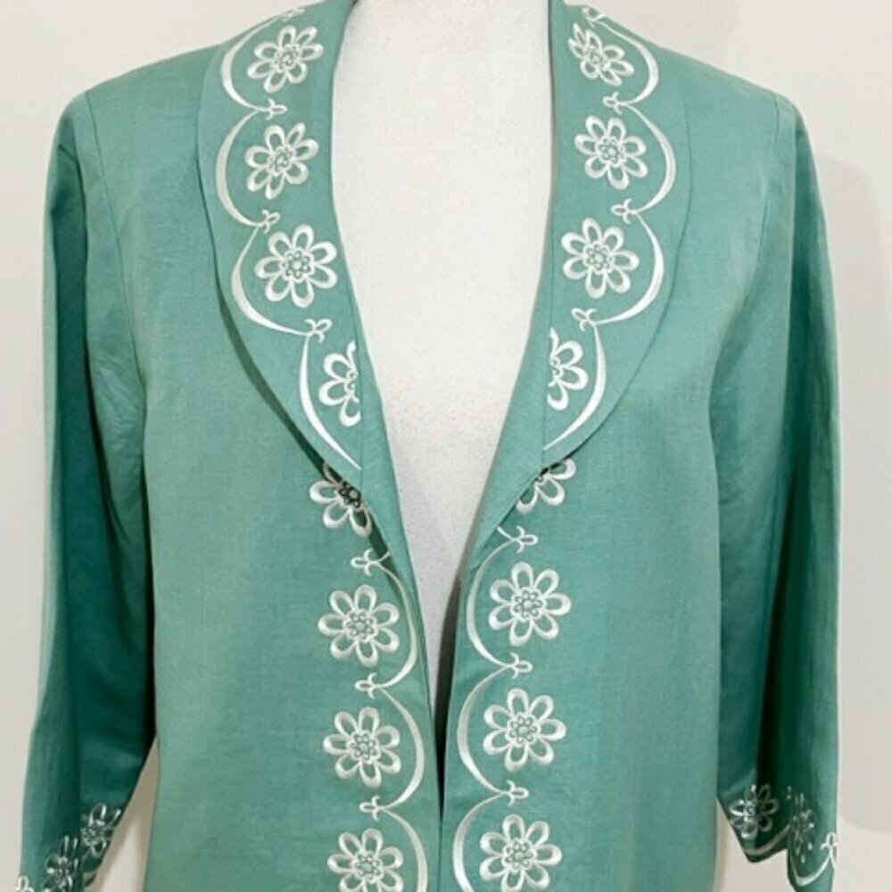 Bob Mackie Linen Blend Green Embroidered Jacket Wearable Art Size M - Picture 2 of 6